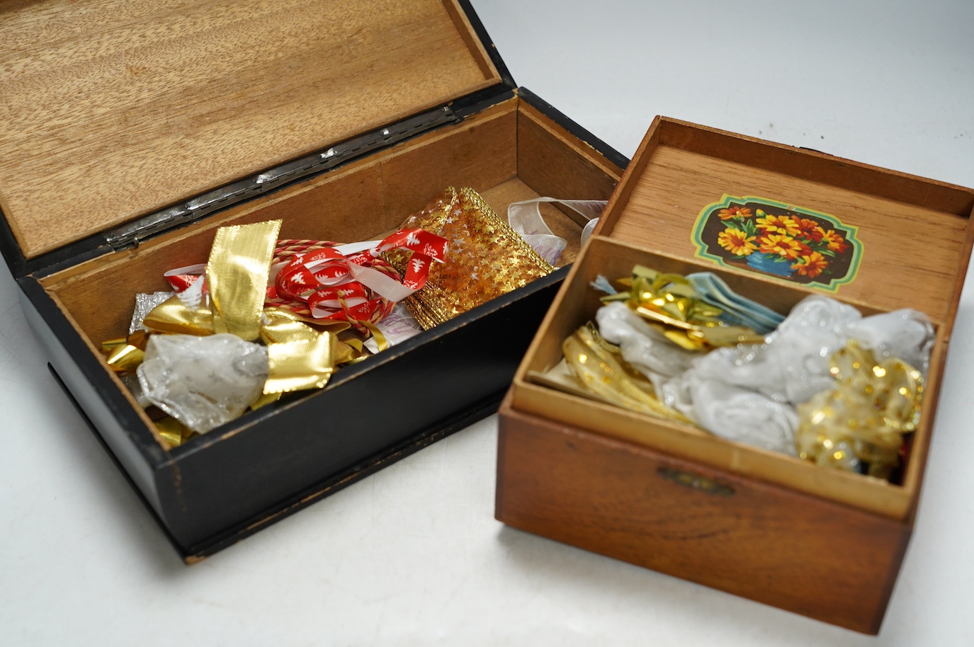 Five Victorian and later boxes to include a brass bound mahogany writing box and an inlaid work box, largest 40cm wide. Condition - poor to fair